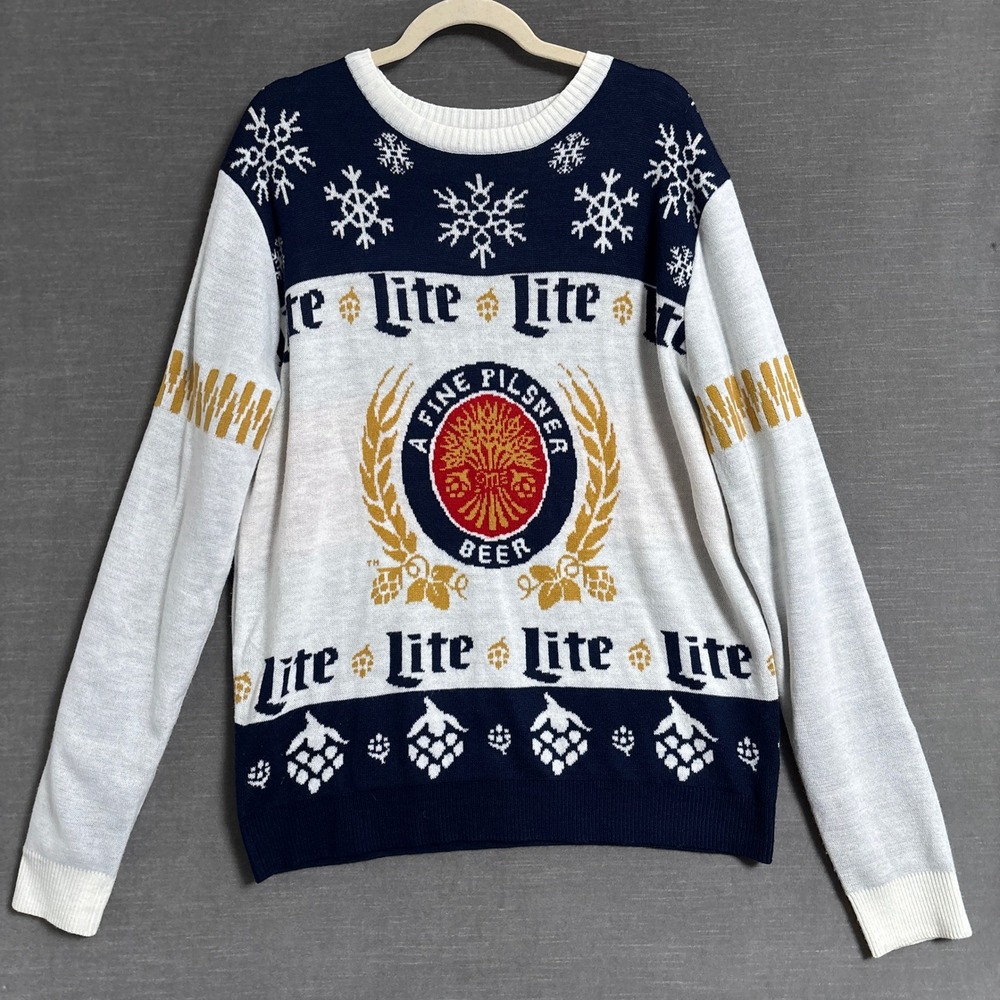 Miller Lite Sweater L Blue White Holiday Beer Logo Ugly Christmas Funny Party